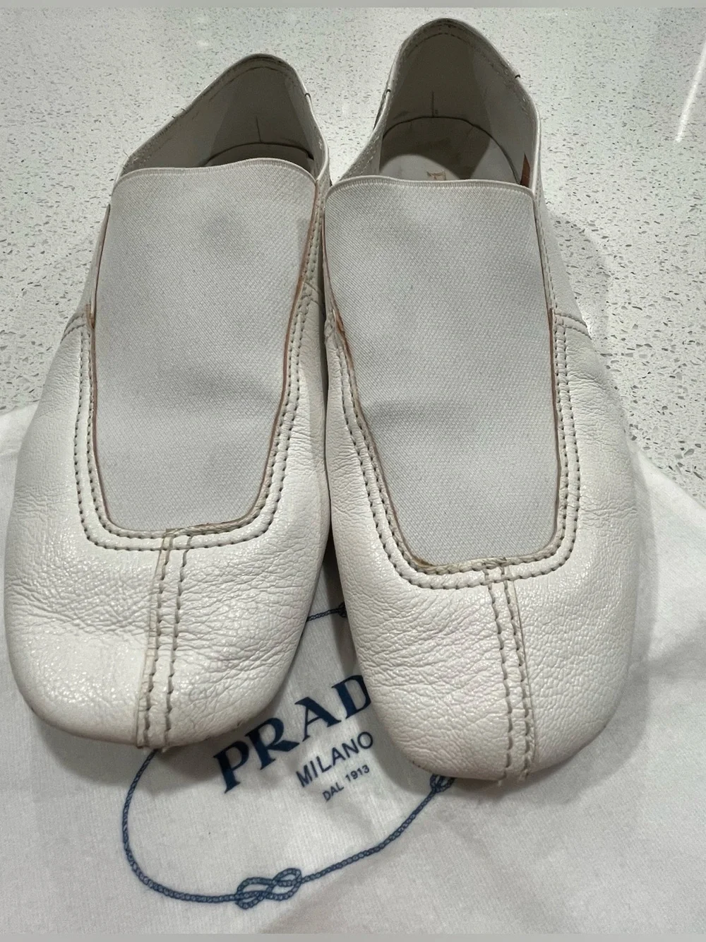 Mens Authentic Prada White Leather Square-toe Slip-ons W/elastic Vamp, SZ 11.5